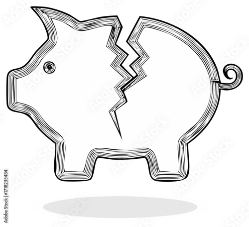 Hand drawn broken piggy bank icon representing bankruptcy savings loss and economic crisis
