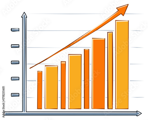 Hand drawn bar chart with upward trend arrow indicating growth and progress