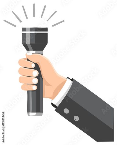 Person's hand holding a lit flashlight, professional suit sleeve visible, creative illustration