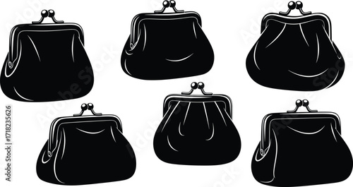 Vintage kiss lock coin purses, classic clasp wallet silhouettes collection, vector illustration