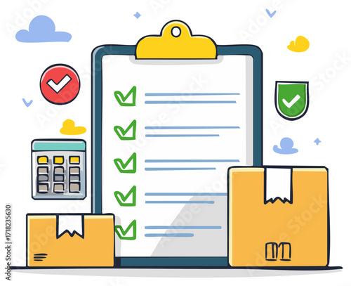 Clipboard with checklist, calculator, boxes, check marks. Illustration vector doodle style.