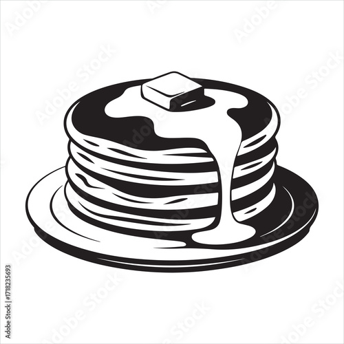 A black fedora hat and a stack of chocolate pancakes on a white plate are both isolated on a white background