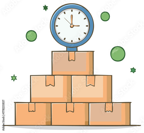 Stacked cardboard boxes with a clock on top indicating time sensitive delivery and logistics