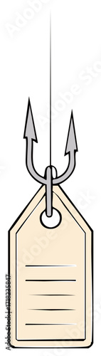 Concept graphic of a price tag being captured by a fish hook. Vector design for marketing use.