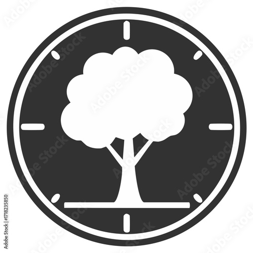Tree icon within clock face symbolizing natural growth development and passage of time
