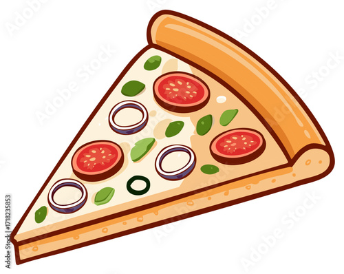 Delicious slice of Italian pizza with fresh tomatoes, onion rings, and basil leaves illustration