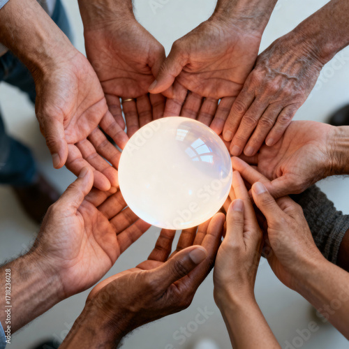 Diverse Hands United, Nurturing a Radiant Glowing Orb – Symbolizing Shared Future, Innovation, and Global Connection