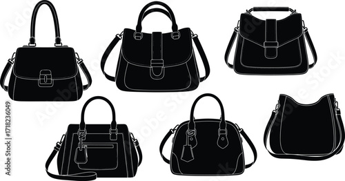 Women handbags silhouette set, elegant leather purses, satchel bags, tote bags and fashion accessories collection, vector illustration