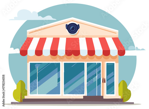 Retail shop storefront vector illustration with classic striped awning and large display windows