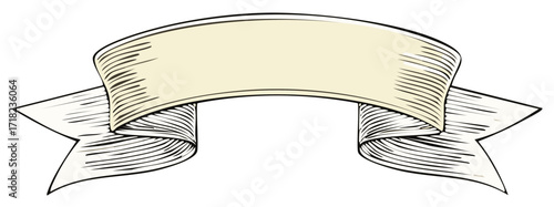 Vintage cream colored blank ribbon banner illustration with engraved style hatching for text