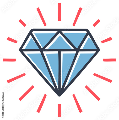 Cartoon Diamond Illustration with Radiating Light Rays Symbolizing Value or Luxury