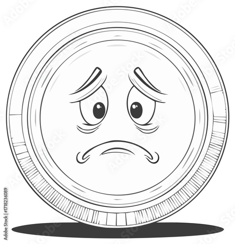 Cartoon Sad Coin Illustration - Finance, Money, Currency, Economy Symbol