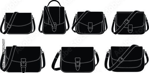Women handbags silhouettes, buckle purse collection, stylish crossbody shoulder bags set, fashion accessories icons, vector illustration