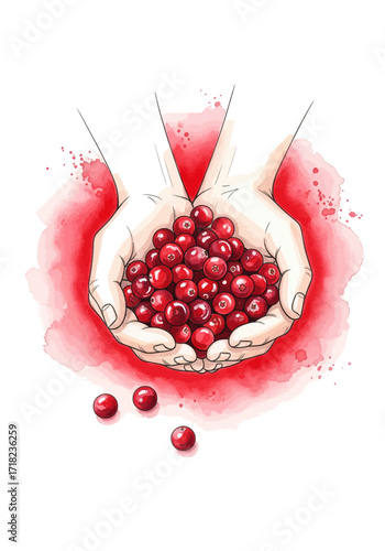 Artistic watercolor illustration of cupped hands offering a bounty of fresh red cranberries, symbolizing a healthy natural harvest