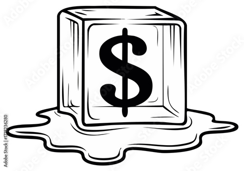 Dollar Sign Frozen Inside Melting Ice Cube Drawing Finance Concept