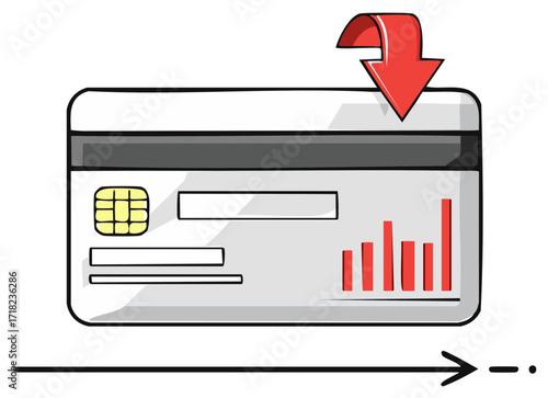Credit card with a decrease arrow and decline in financial performance, decline in sales