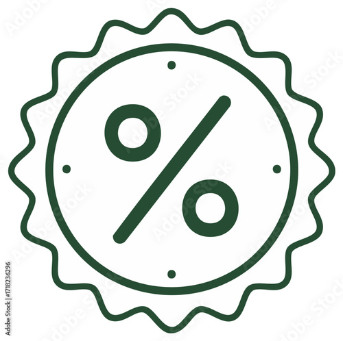Minimalist circular percentage sign icon with wavy border design element for commerce offers