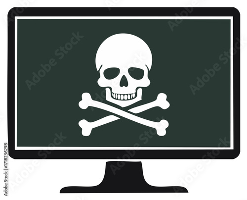 Skull and crossbones on a computer monitor, cybersecurity and internet safety concept