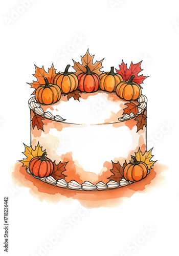 Festive Autumn Cake Illustration with Pumpkins and Fall Leaves for Thanksgiving