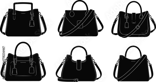 Women handbags silhouettes, elegant tote purses collection, stylish shoulder and crossbody bags set, fashion icons, vector illustration