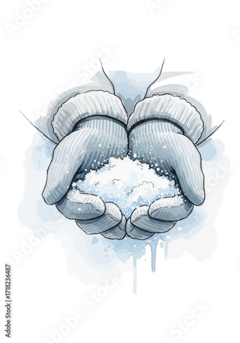 Gentle hands in cozy mittens holding a precious handful of pure white snow, a symbol of winter's beauty and wonder in a watercolor style