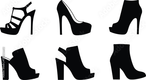 Women high heel shoes silhouette set, fashion footwear icons, stylish pumps sandals and boots, stiletto collection, vector illustration
