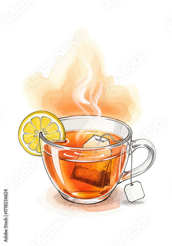 A warm and inviting glass mug of freshly brewed hot tea, garnished with a bright lemon slice. Artistic watercolor illustration of a cozy beverage