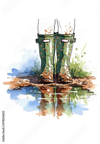 Watercolor Illustration of Green Rain Boots Standing in a Muddy Puddle with Reflections