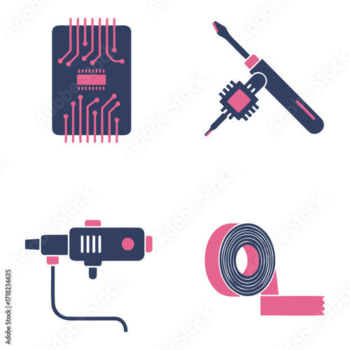 A collection of four icons representing electronic components and tools, including a circuit board, a soldering iron with a chip, a power adapter, and a roll of tape.