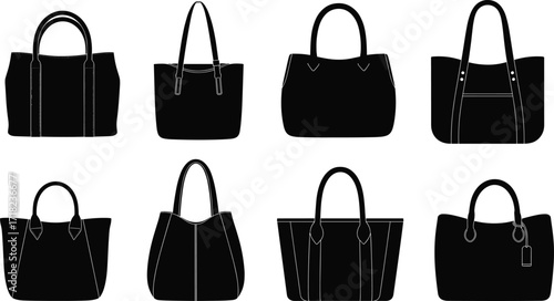 Women tote bag silhouette bundle, stylish handbags and shoppers, fashion leather purse collection, vector illustration