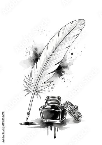 Elegant Quill and Inkwell A Monochrome Illustration