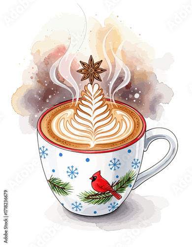 Festive Holiday Latte Art with Star Anise and Cardinal Illustration in a Snow-Themed Mug