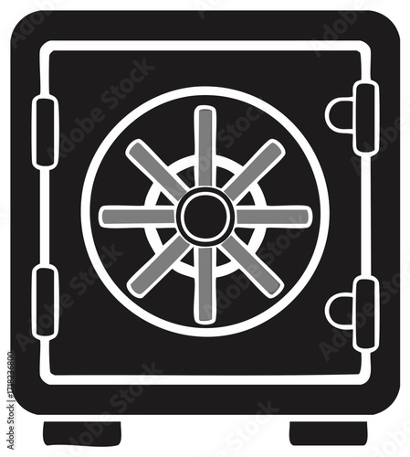 Modern Black and White Icon of a Locked Safe with a Wheel-like Dial