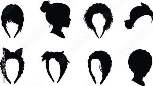Women’s hairstyle silhouettes set, various hair fashion styles with braids, bows, and updos for beauty design, vector illustration