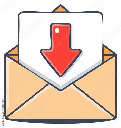 Hand drawn envelope with red download arrow icon illustration