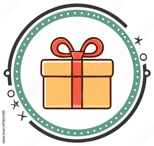 Stylized cartoon gift box with red ribbon bow inside decorative circle