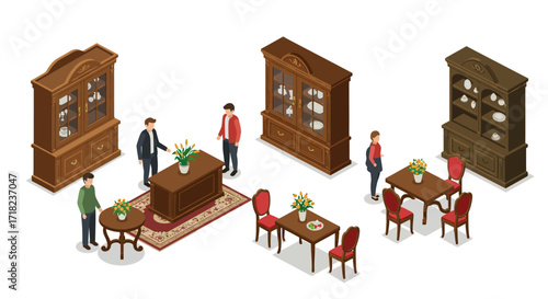 Isometric antique furniture scene with people interacting in a home decor set…