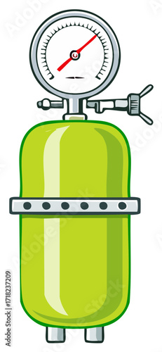 Cartoon green pressure tank with a silver gauge and hose connection