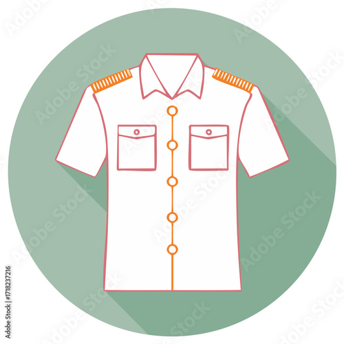 Stylized white pilot shirt with epaulets and pockets shown in a flat design circle