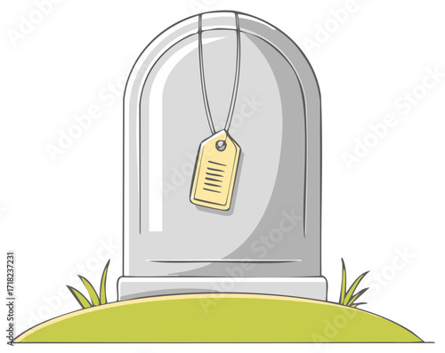 Tombstone with tag and grass, vector illustration of death and memory