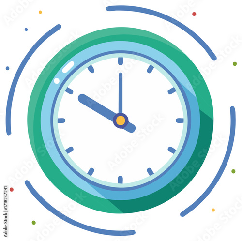 Stylized clock face with concentric circles and colorful dots representing time passing