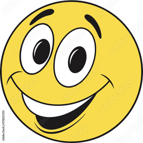 A cheerful yellow smiley face is smiling widely