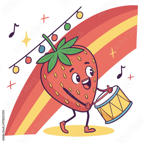 A happy strawberry plays the drum with rainbow
