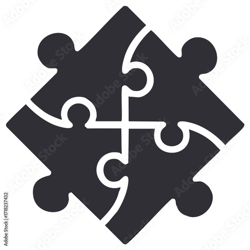 Four dark grey puzzle pieces interconnected to form a perfect square simple graphic