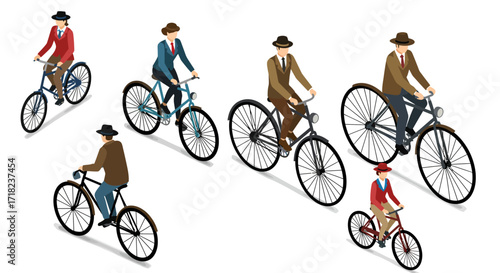 Isometric vintage cyclists in classic attire on penny-farthing and modern bic…