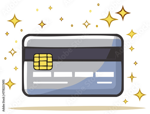 Secure Payment Credit Card Illustration Featuring EMV Chip and Magical Sparkles