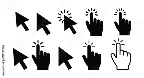 Collection of black hand and mouse cursor pointing icons displayed graphically