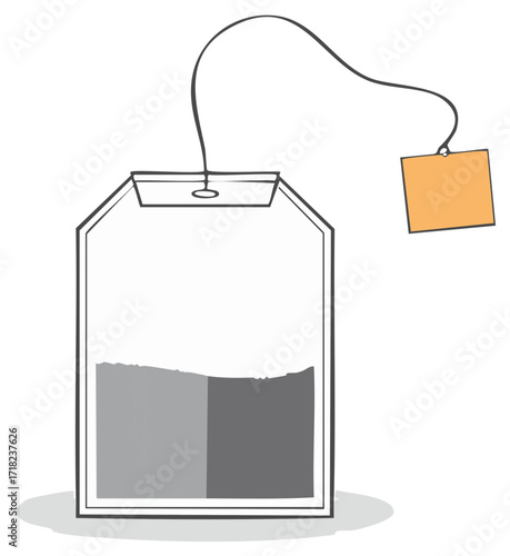 Minimalist line art illustration of a teabag with a string and blank tag