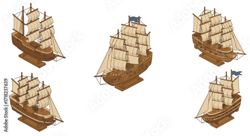 Classic sailing ship models in isometric view with detailed sails and wooden…