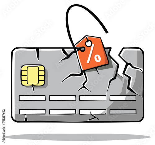 Cracked Credit Card with Discount Tag Symbolizing Financial Trouble or Debt